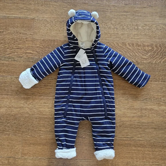 NWT GAP Two Matching *TWINS* Baby Sherpa Hoodie One-Piece Snowsuit Navy Blue 6M - Picture 5 of 8